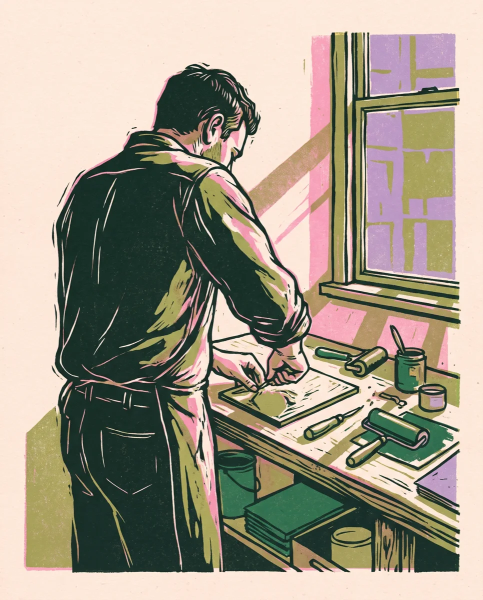 Linocut illustration of a printmaker at a workbench, seen from behind