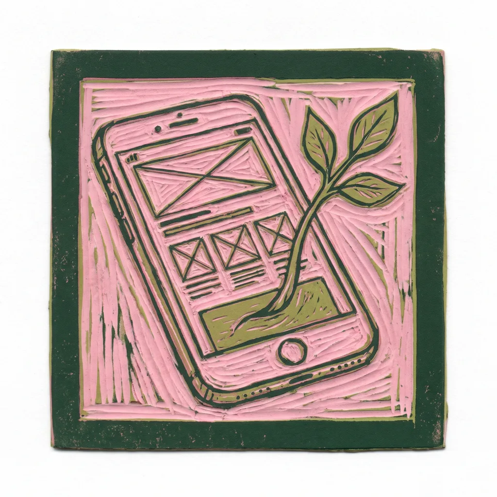 A linocut printing block carved with a sketch of an app screen becoming a sprout