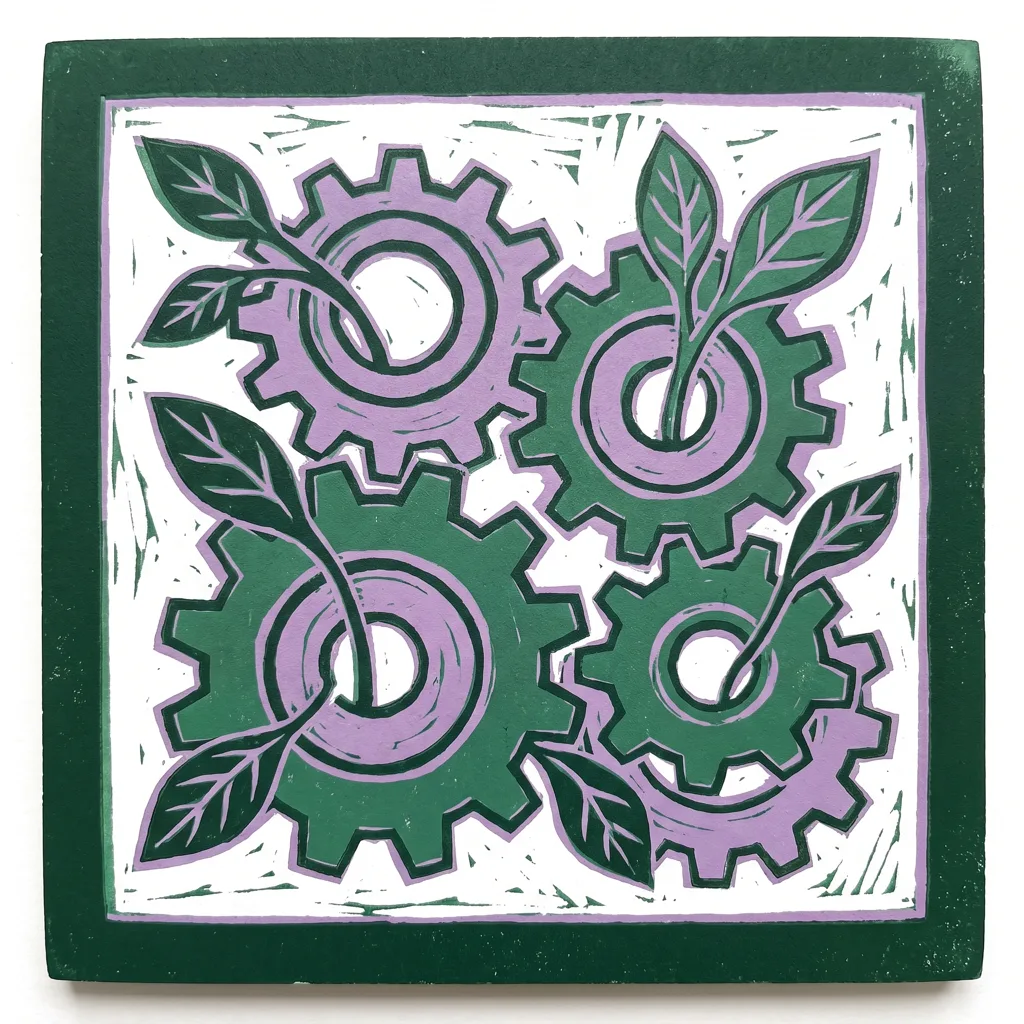 A linocut printing block carved with interlocking gears growing leaves