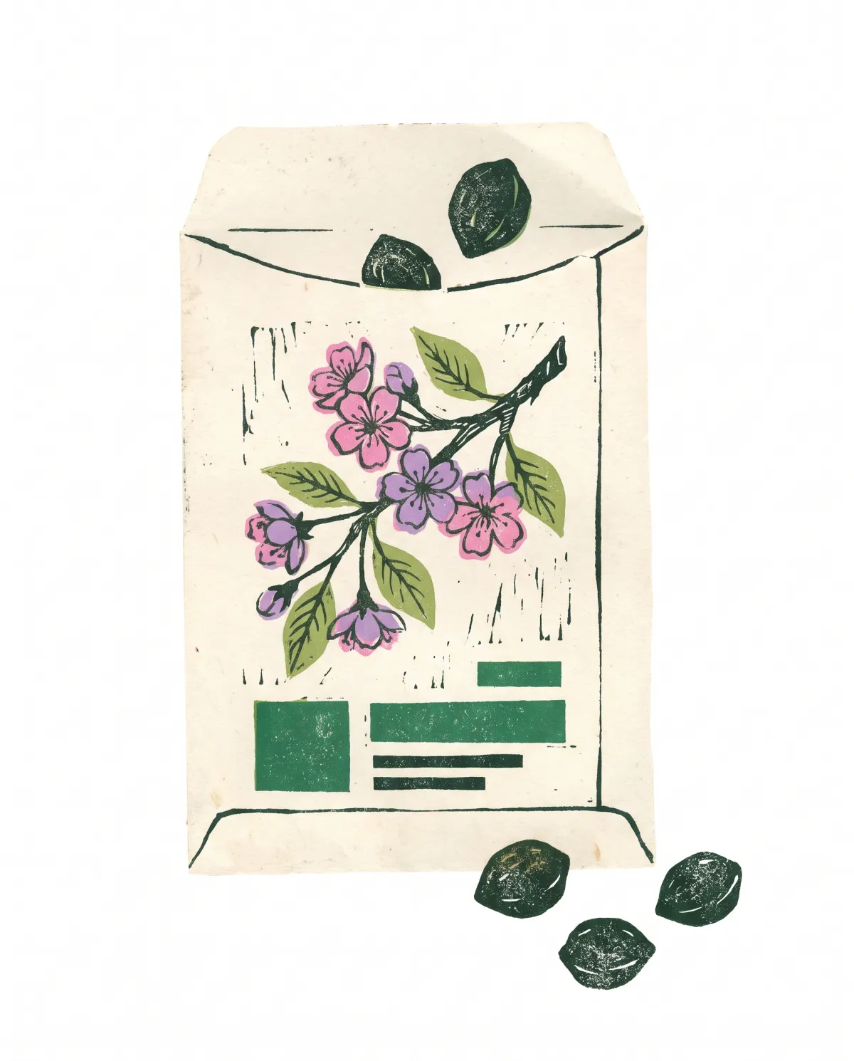 Linocut illustration of a vintage seed packet with cherry stones spilling out