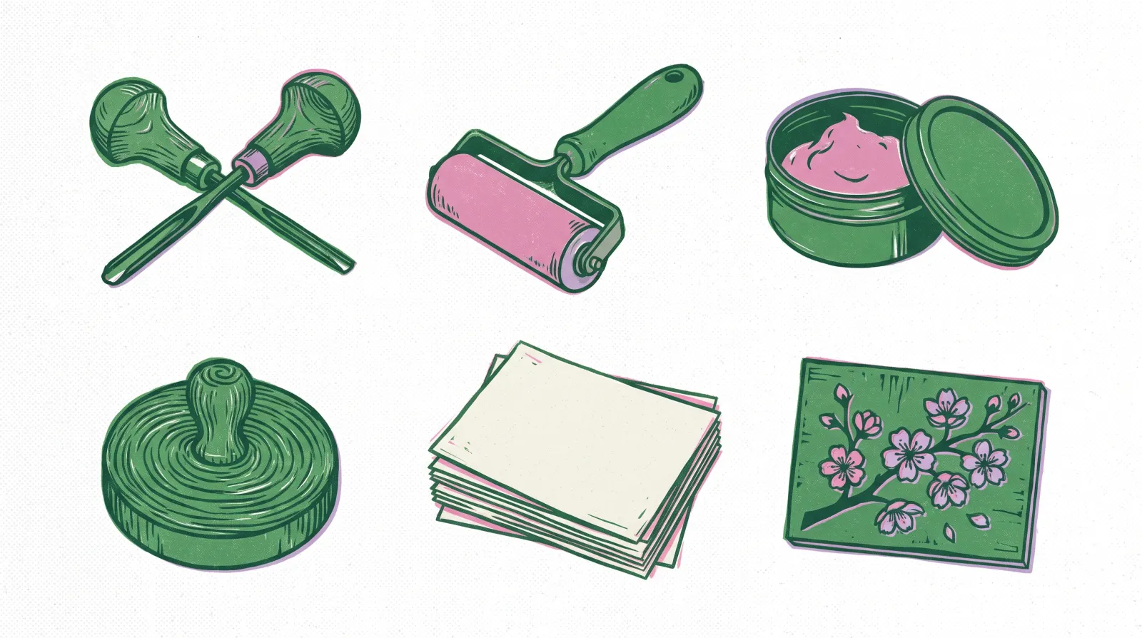 Linocut sheet of printmaking tools: gouge, brayer, ink tin, baren, paper stack, carved block